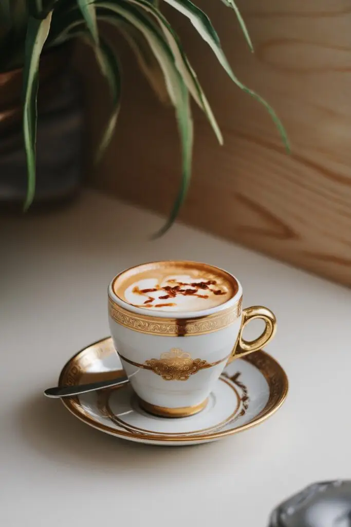 Elegant white porcelain coffee cup with gold trim and decorative patterns, containing cappuccino with latte art, served on a matching saucer with a small spoon, next to a houseplant on a white surface.