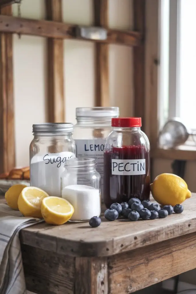 Ingredients for making blueberry jam, including sugar, lemons, pectin, and fresh blueberries.