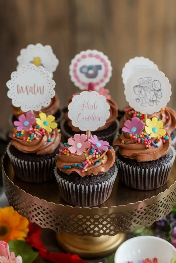 Chocolate cupcakes with colorful sprinkles and decorative toppers.