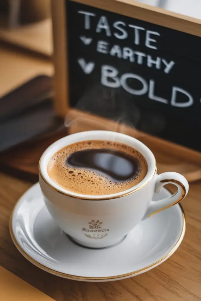 A white cup of robusta espresso with rich crema beside a sign reading 'TASTE EARTHY BOLD' - a sophisticated coffee experience featuring premium coffee beans that pairs wonderfully with Easter ham recipes for special occasion brunches.