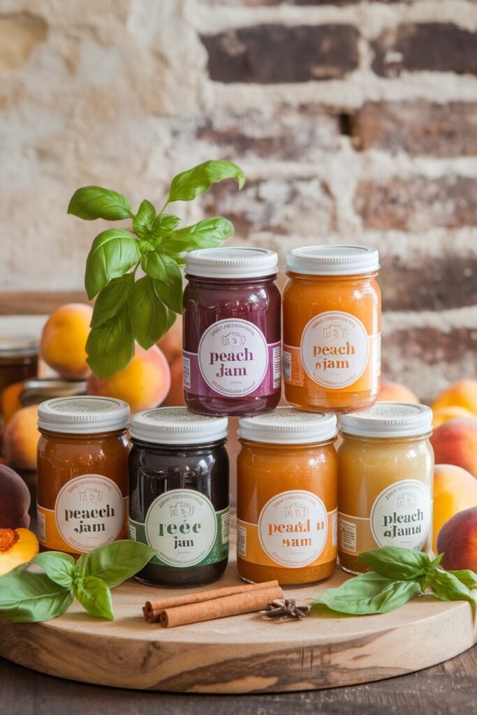 A slice of toast generously spread with bright orange peach jam on a white plate, served with a small bowl of yogurt and a plate of fresh fruits including peach, banana, and strawberry on a wooden table in a tropical garden setting.