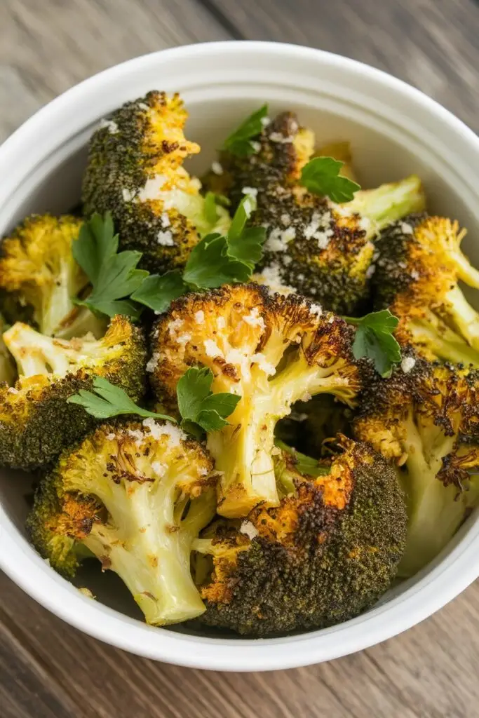Perfectly roasted broccoli florets in a white bowl, showing caramelized edges and tender centers with fresh herb garnish. A delicious side dish that complements Easter ham recipes beautifully.