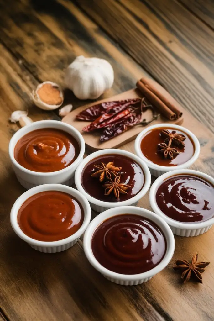 Small white bowls filled with different styles of BBQ sauces, surrounded by dried chili peppers, cinnamon sticks, and star anise on a wooden table.