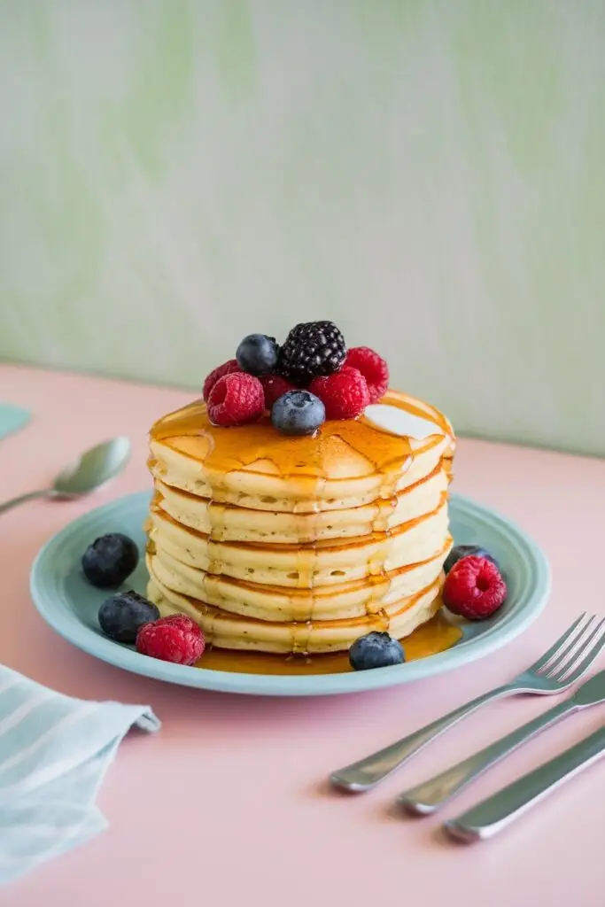 Stack of golden pancakes topped with fresh blueberries, raspberries, and blackberries, drizzled with maple syrup on a light blue plate against a soft pink background.