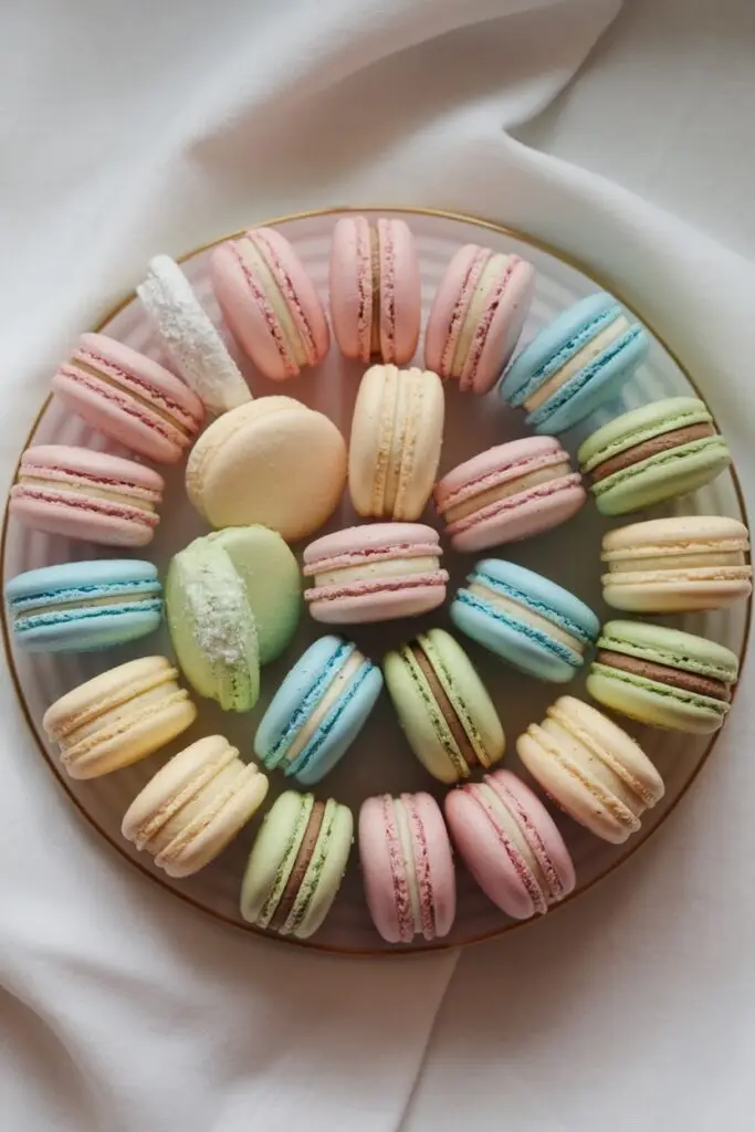 A plate of pastel-colored macarons arranged in a circular pattern on a white cloth.