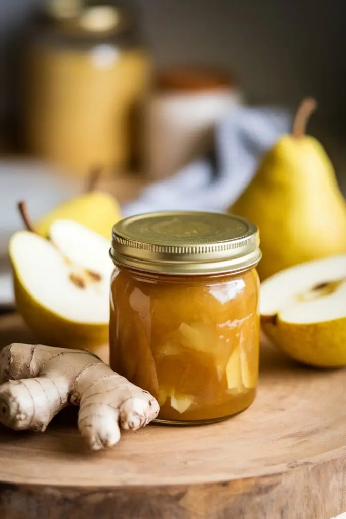 Glass jar of chunky pear jam with visible fruit pieces alongside fresh yellow pears, sliced pear half, and ginger root pieces on a round wooden serving board.