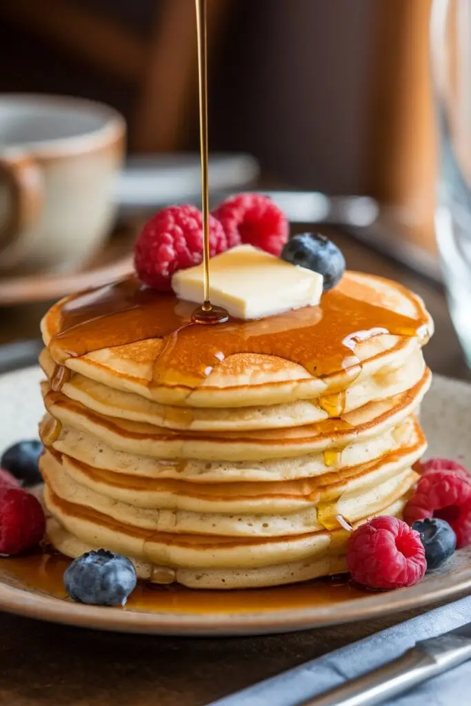 A tall stack of golden pancakes topped with a pat of butter and fresh berries, with maple syrup being poured from above, served on a round plate with blueberries and raspberries scattered around.