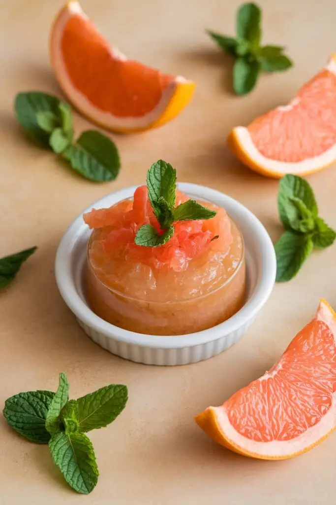 Pink grapefruit jam in a white ramekin garnished with fresh grapefruit segments and mint leaves, surrounded by grapefruit slices on a beige surface.