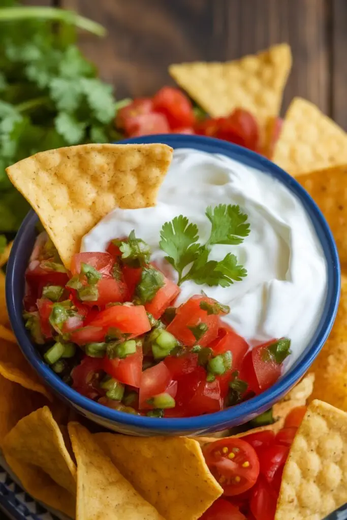 Fresh tortilla nachos arranged around a blue bowl containing sour cream topped with vibrant pico de gallo and cilantro, with cherry tomatoes and additional herbs visible in the background.