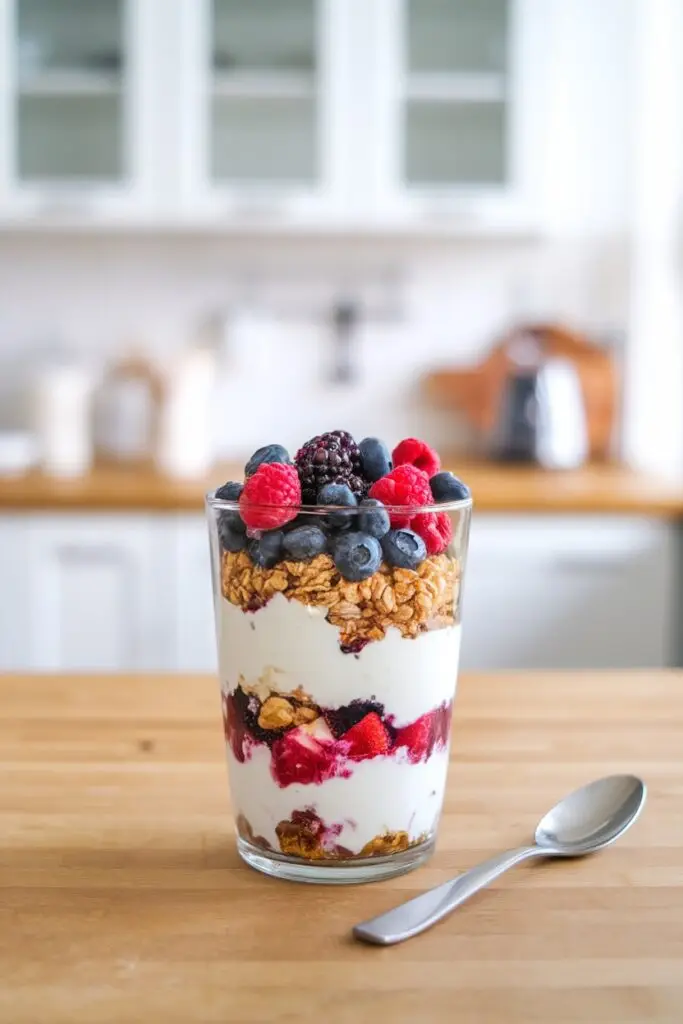 A clear glass parfait featuring alternating layers of white yogurt, mixed berries, and crunchy granola, topped with fresh blueberries, raspberries, and blackberries, served with a silver spoon on a wooden table.