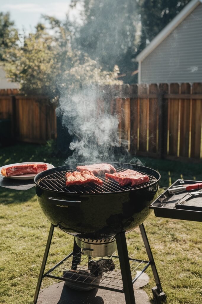 Spare ribs cooking on a round charcoal grill in a backyard setting with smoke rising, wooden fence in background, and raw meat on a plate nearby.