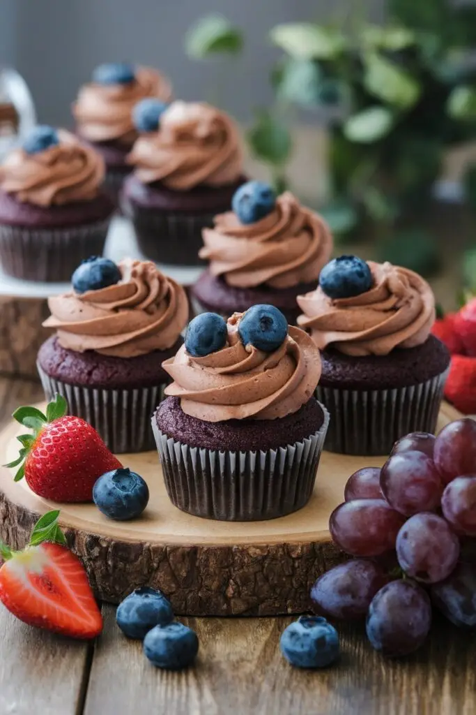 A chocolate cupcake topped with fresh blueberries and strawberries.