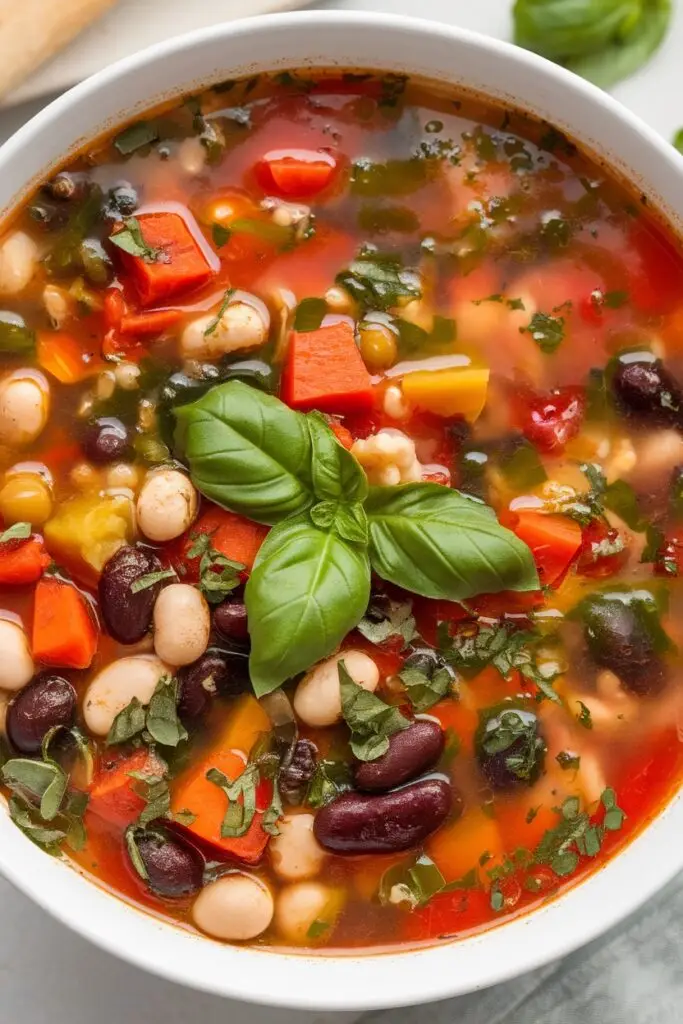 A close-up of a bowl of minestrone soup with colorful beans, diced vegetables, and fresh basil.