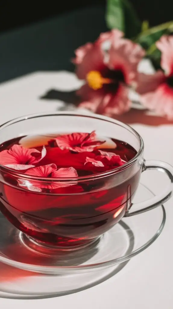 Glass cup of vibrant red hibiscus tea with floating flower petals, representing antioxidant-rich beverages that align with Blue Zones dietary principles.