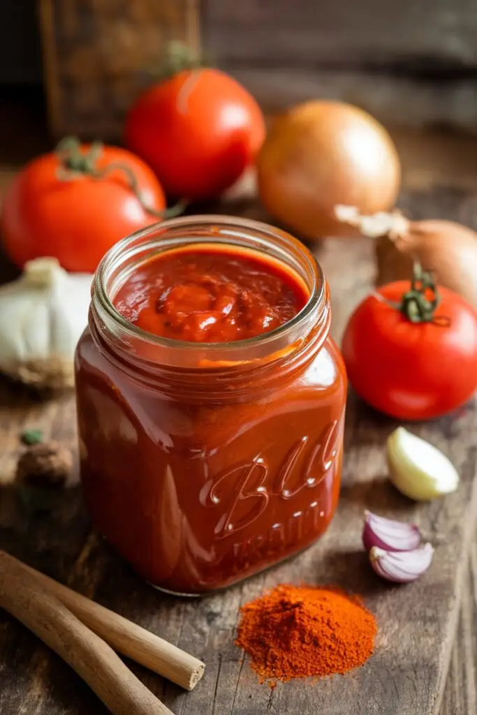 A jar of homemade barbecue sauce surrounded by fresh ingredients including tomatoes, onion, garlic, and spices on a wooden surface.