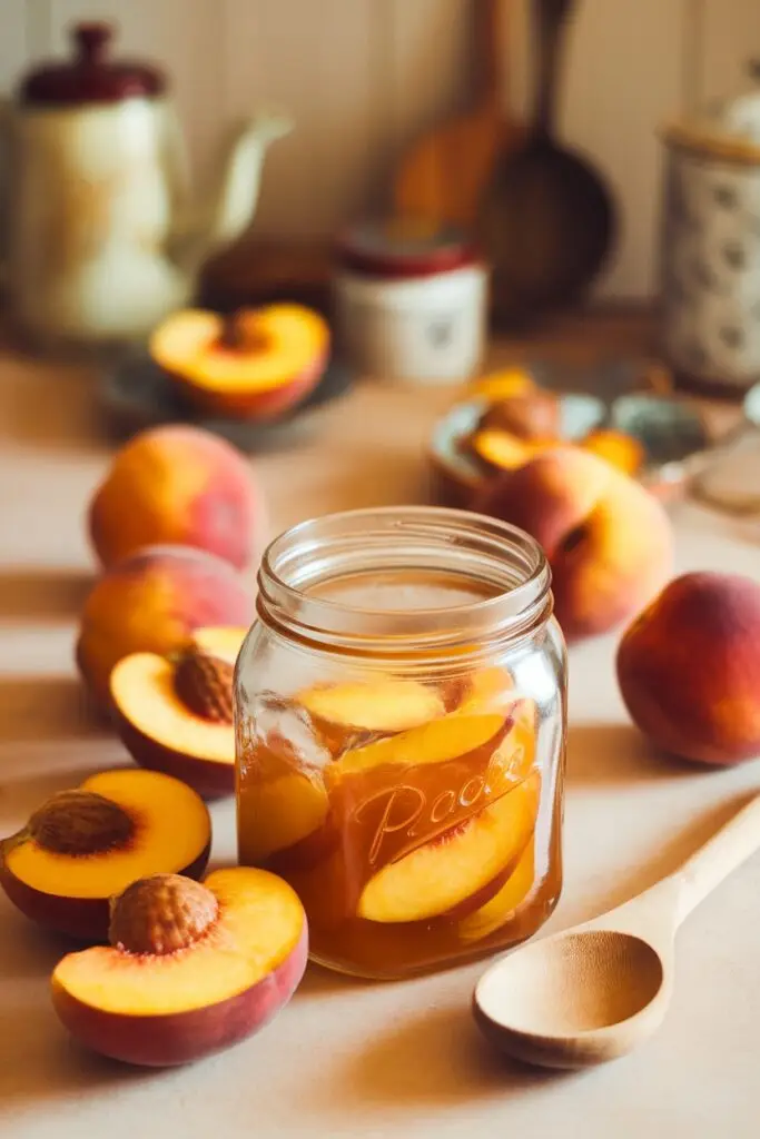 Collection of six artisanal peach jam varieties in labeled glass jars with white lids, displaying different colors from bright orange to deep purple, arranged with fresh peaches, basil sprigs, and spices on a wooden cutting board against a textured brick wall.