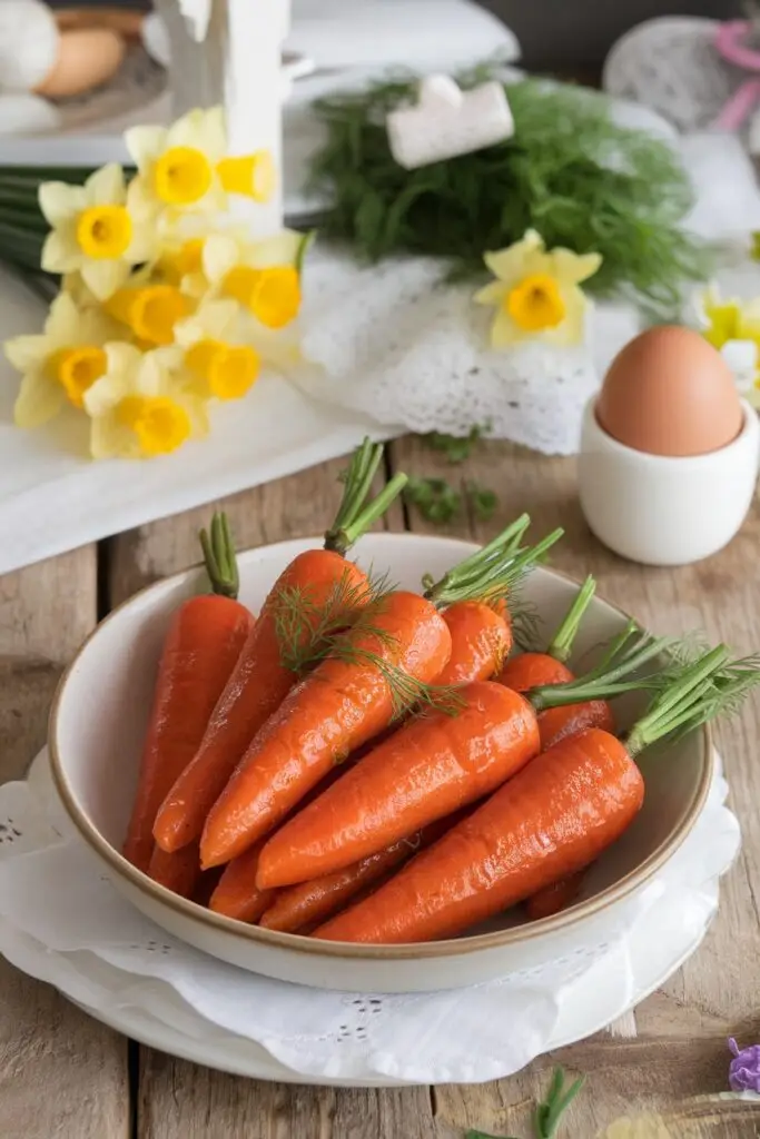 Fresh whole carrots with green tops in a white bowl, displayed with yellow daffodils, an egg in an egg cup, and fresh herbs on a wooden table.