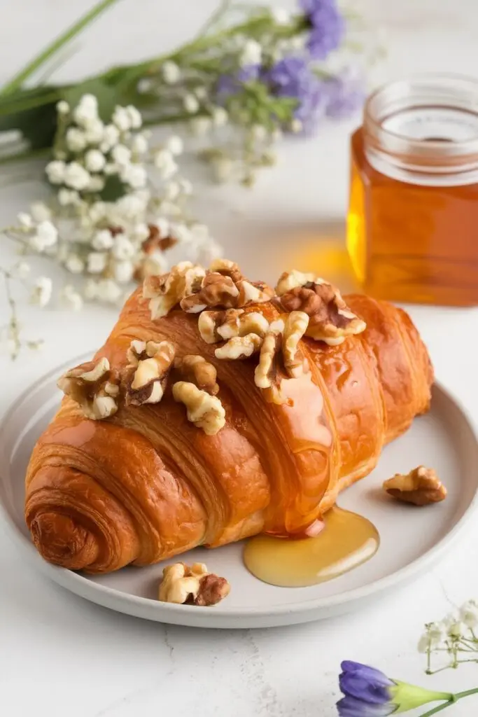 A golden croissant drizzled with honey and topped with walnut pieces on a white plate, with a jar of honey and delicate flowers visible in the background