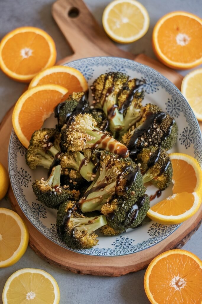 Roasted broccoli with balsamic glaze in a decorative blue and white bowl, surrounded by orange and lemon slices for bright citrus flavor.