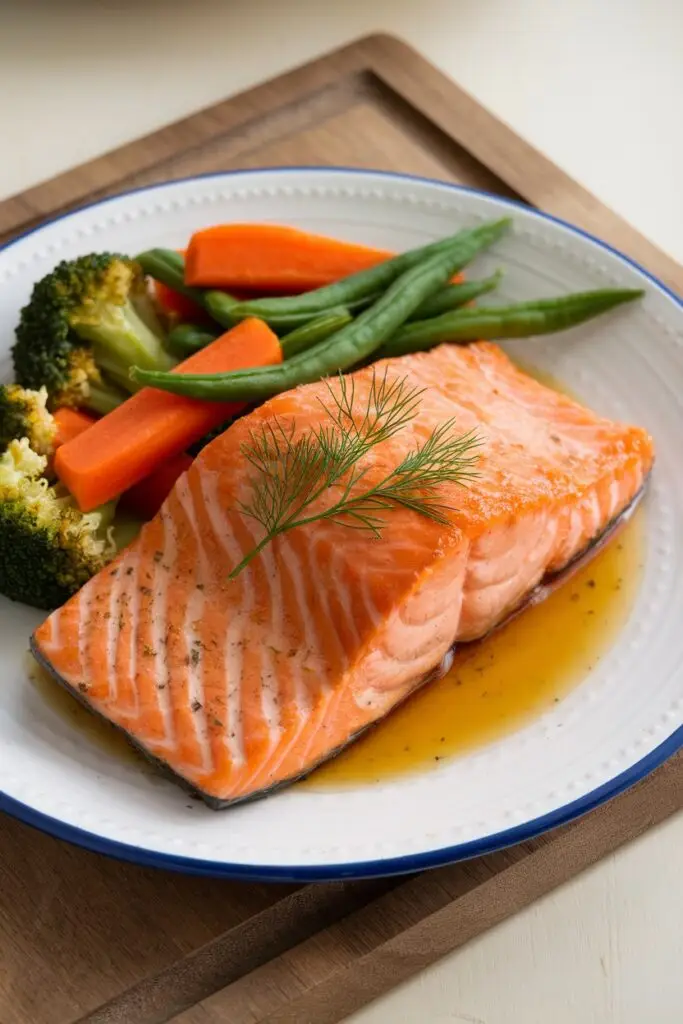 A juicy salmon fillet coated in a sticky honey garlic glaze, served with fresh vegetables.