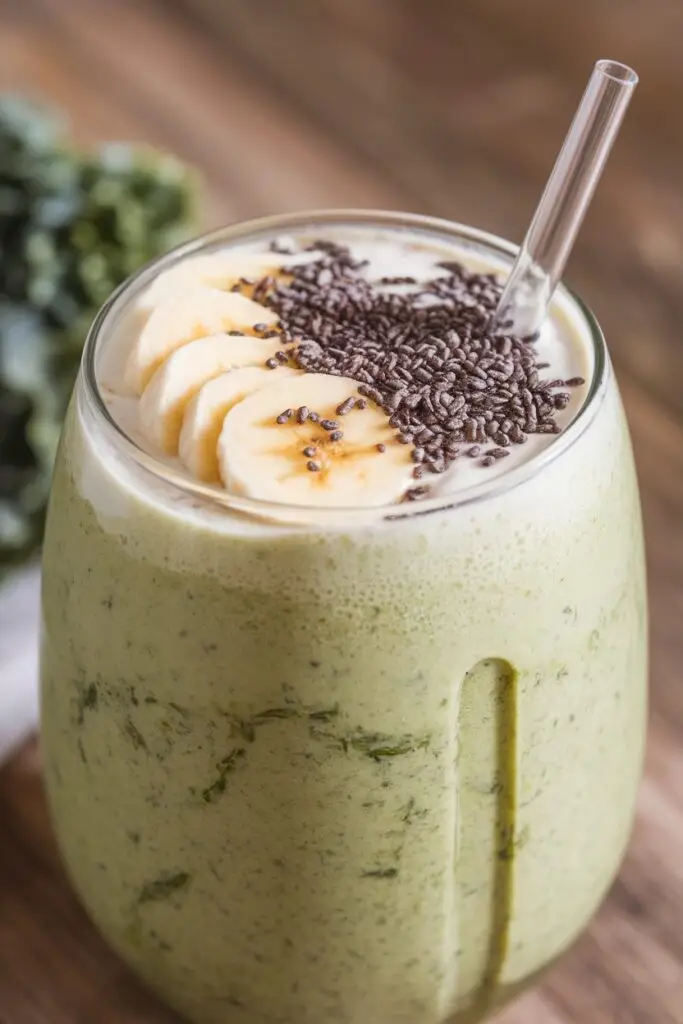 Elegant layered kale smoothie with banana slices and chocolate sprinkles, served with glass straw in a modern glass, demonstrating sophisticated kale smoothie presentation.