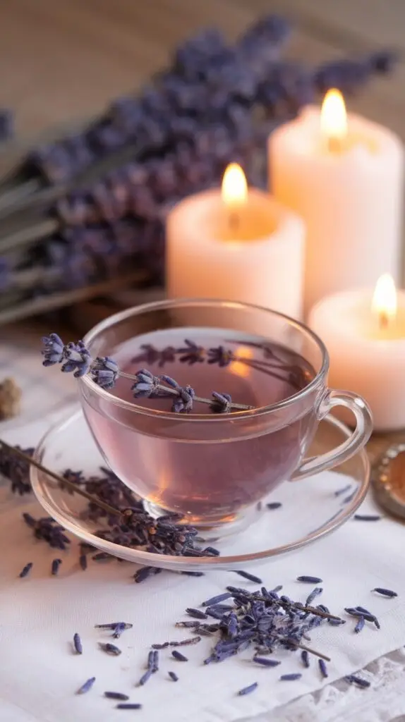 Glass cup of lavender tea with fresh lavender sprig, surrounded by dried lavender and lit candles, embodying relaxation practices similar to those in Blue Zones.