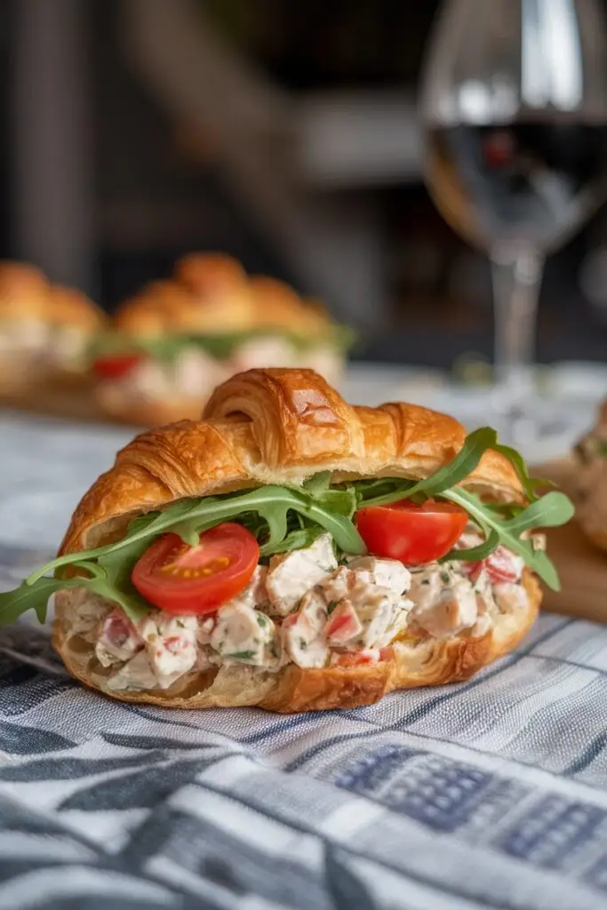 A croissant sandwich filled with chicken salad, cherry tomatoes, and fresh arugula on a blue and white checkered napkin, with a glass of wine partially visible in the background.