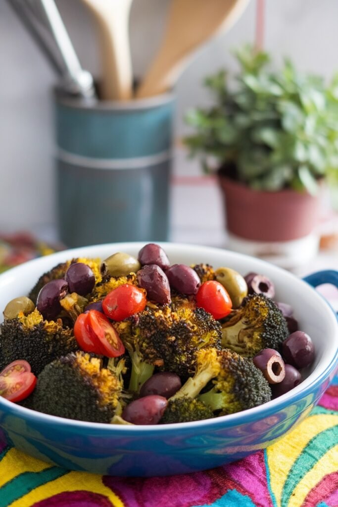 Colorful Mediterranean-inspired broccoli salad featuring roasted broccoli, mixed olives, and halved cherry tomatoes in a vibrant blue bowl. A healthy alternative to Easter ham recipes for spring gatherings.