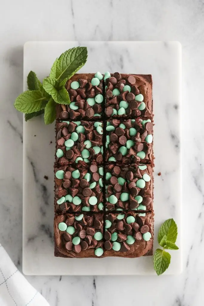 Chocolate brownie slab topped with mint green chips and chocolate chips, garnished with fresh mint leaves on a white marble surface