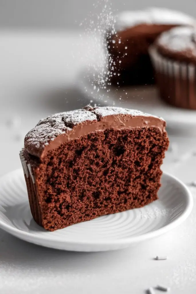 A close-up of a sliced chocolate cupcake with a moist, fluffy texture, dusted with powdered sugar on a white plate.