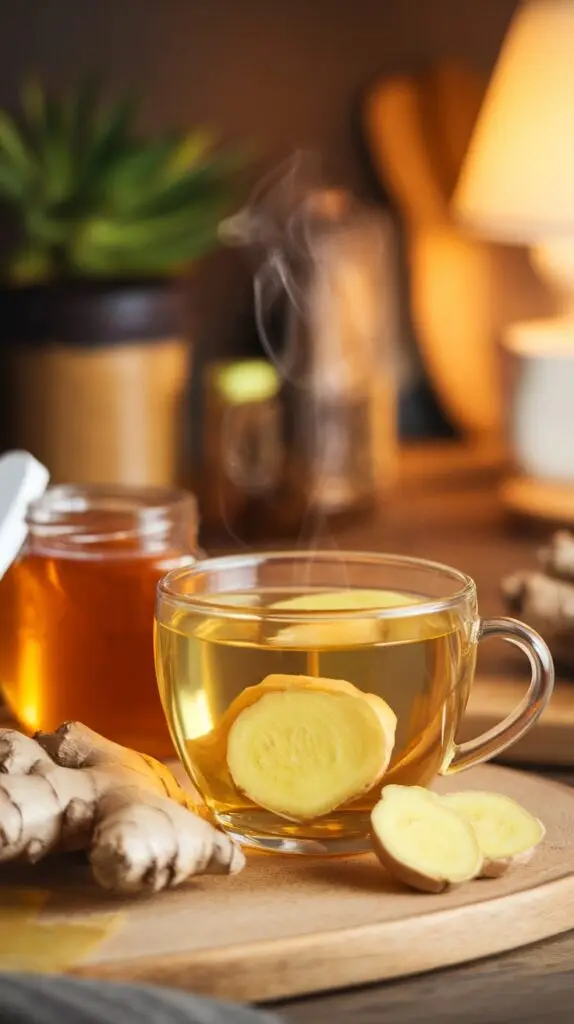 Steaming cup of ginger tea with fresh ginger slices and honey, reflecting the natural remedies used in Blue Zones communities for digestive health.
