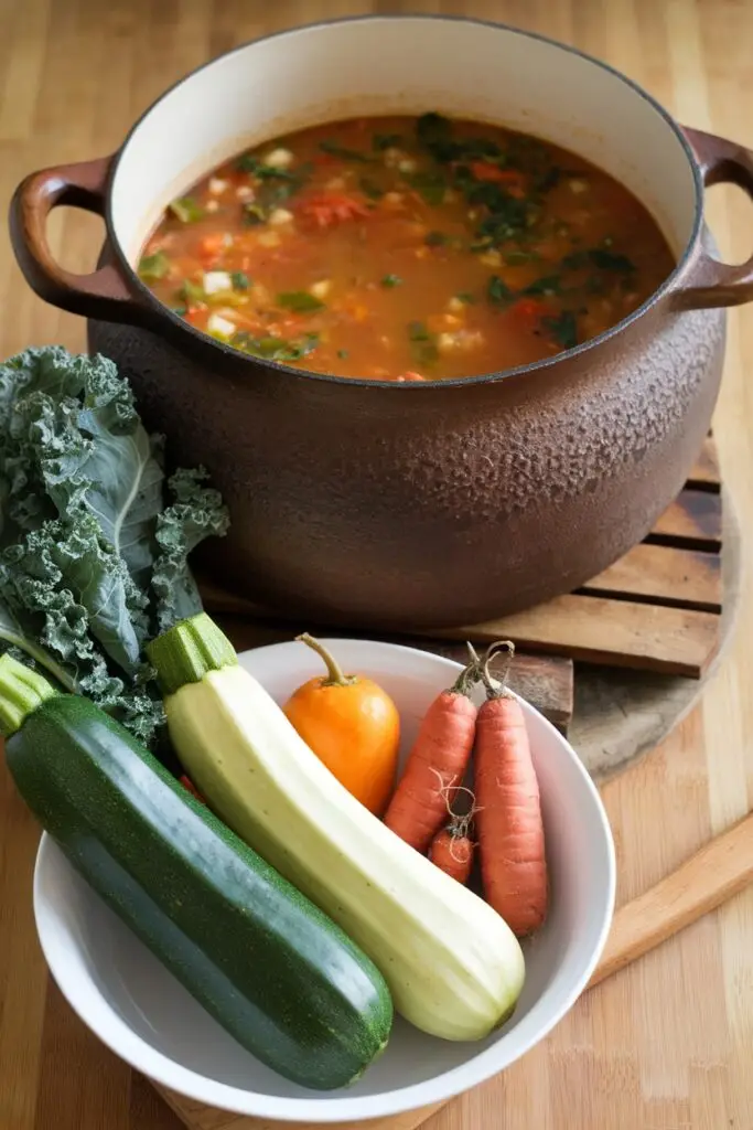 A large pot of simmering homemade minestrone soup with fresh vegetables on the side.