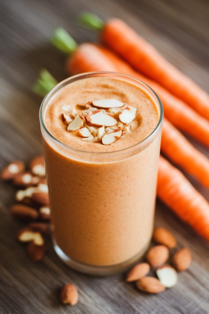 A rich carrot smoothie topped with almond slices and surrounded by whole almonds.