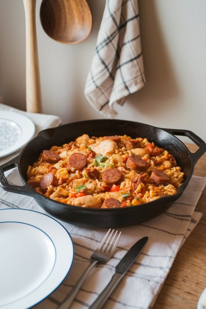 Cast iron skillet of homestyle jambalaya with sausage on a kitchen table with white plates, utensils, and striped kitchen towel.