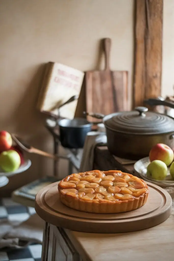 A finished apple tarte tatin on a round wooden serving board in a rustic kitchen setting with cast iron cookware, fresh apples, and wooden utensils in the background.