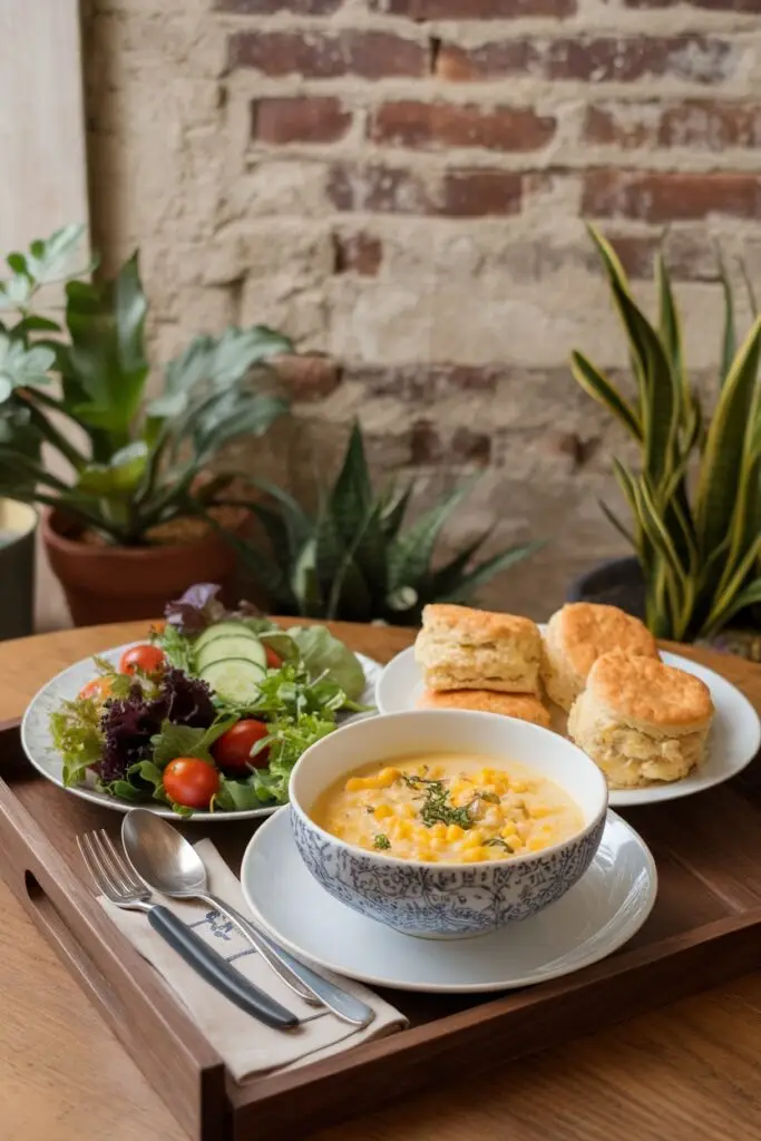 Golden corn chowder served with fresh garden salad and homemade biscuits on a wooden tray, creating a balanced meal similar to Easter ham recipes for spring gatherings.