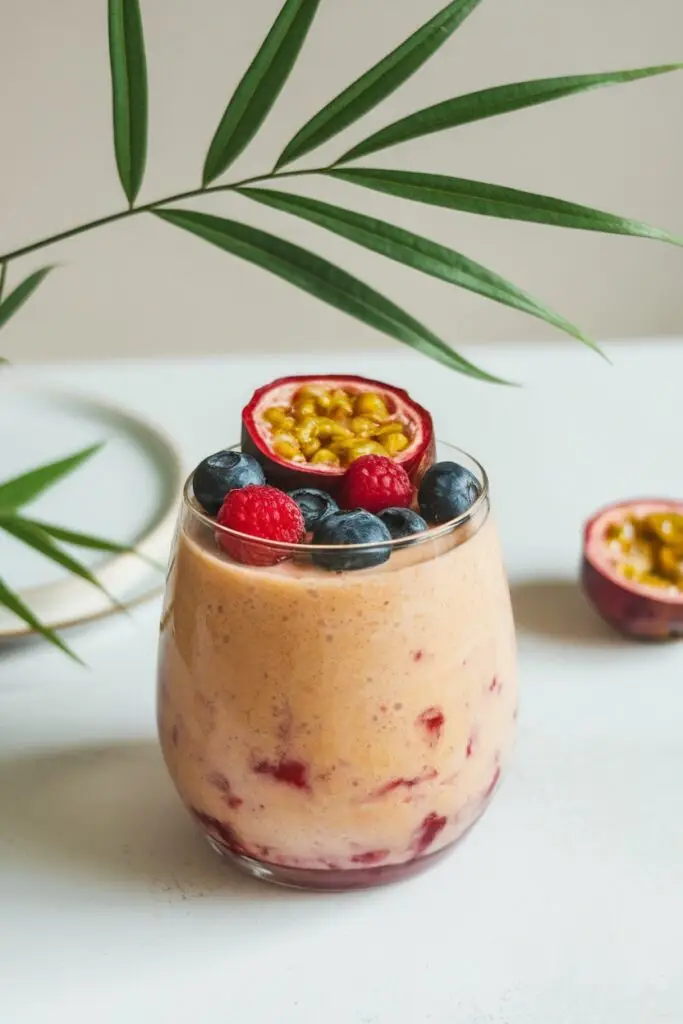 A creamy beige-pink smoothie in a clear glass garnished with fresh blueberries, raspberries, and a slice of passion fruit, with green bamboo leaves in the background.