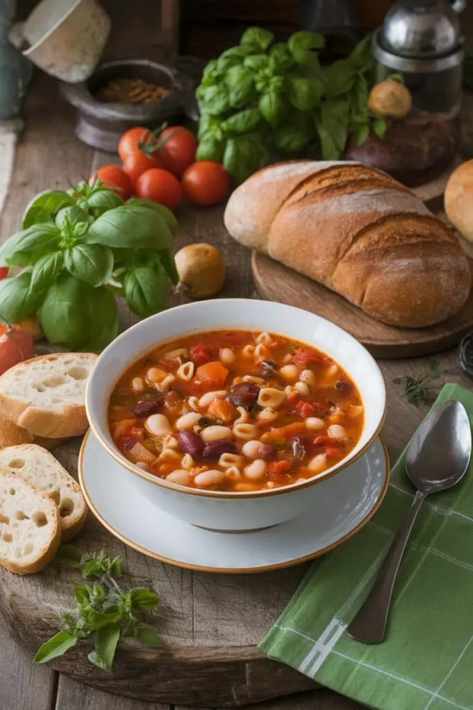 A close-up of minestrone soup with pasta, beans, and tomatoes, served in a rustic setting.