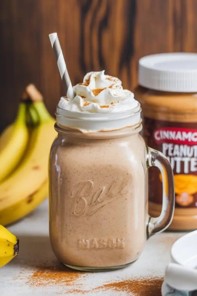 Creamy peanut butter banana smoothie in a mason jar mug with whipped cream, cinnamon topping, and a striped paper straw, with bananas and a jar of cinnamon peanut butter visible in the background.