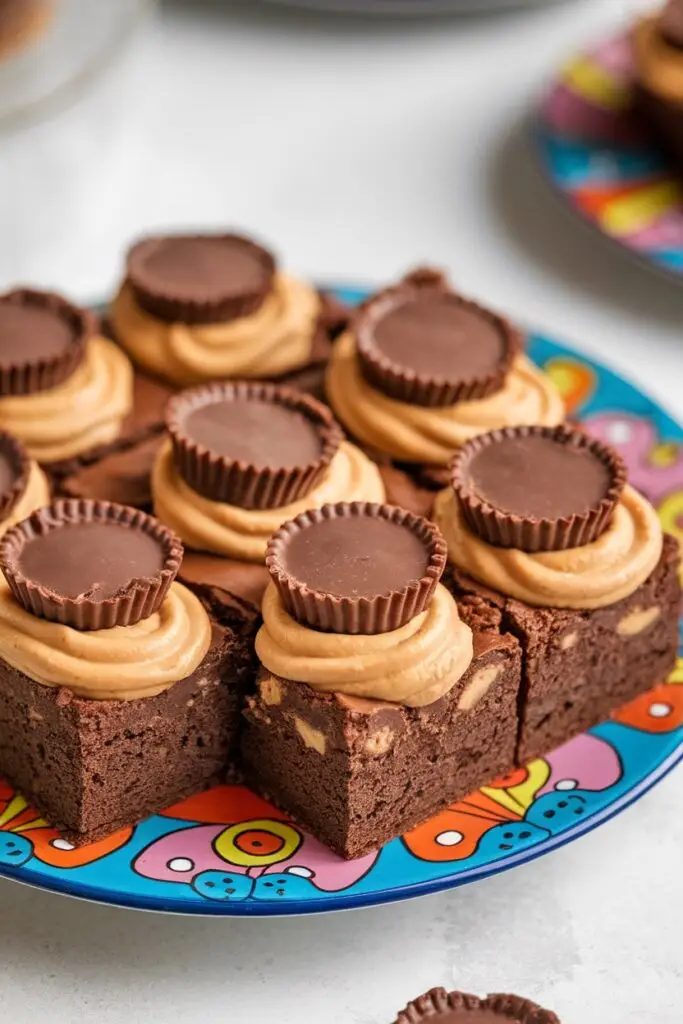 Chocolate brownies topped with peanut butter frosting and miniature peanut butter cups arranged on a colorful patterned plate