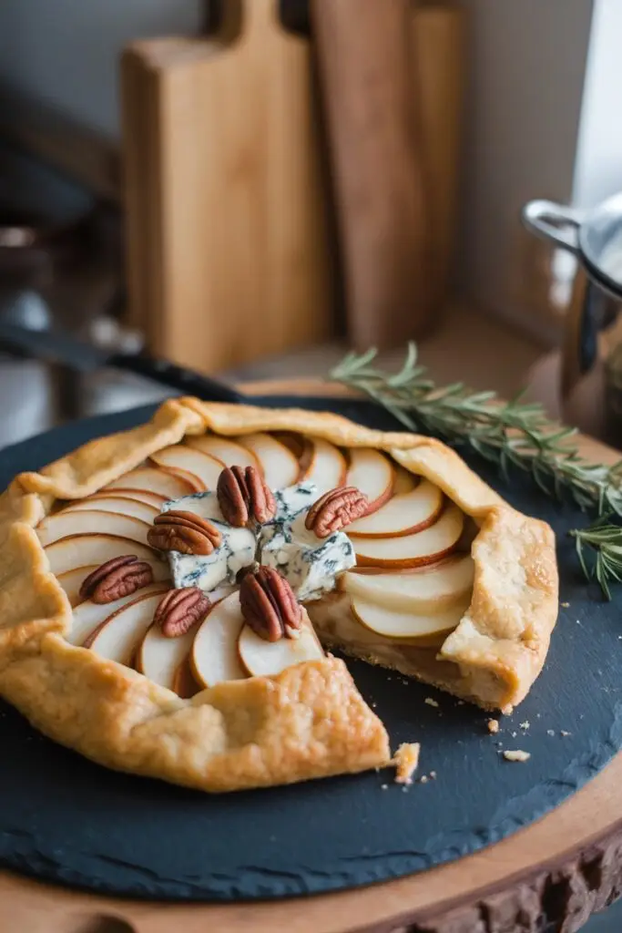 Elegant pear galette with blue cheese and pecans arranged in a beautiful pattern, showing the rustic folded edges of this sophisticated French pastry.