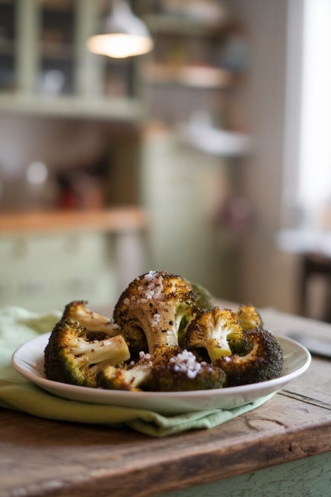 Minimalist roasted broccoli florets on a white plate with visible salt crystals, showcasing the beauty of simple preparation in a rustic kitchen setting.