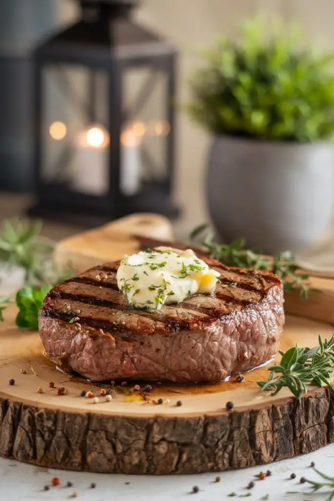 Thick-cut Cowboy steak with prominent grill marks topped with melting herb butter, served on a round wooden slice board with fresh herbs scattered around and a soft-focus background featuring a lantern and potted plant.