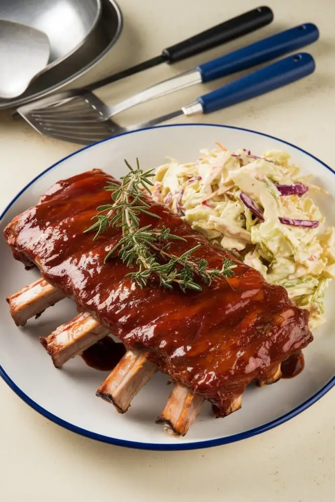 A plate of tender, glazed BBQ ribs coated in a rich sauce, garnished with fresh rosemary and served with coleslaw.