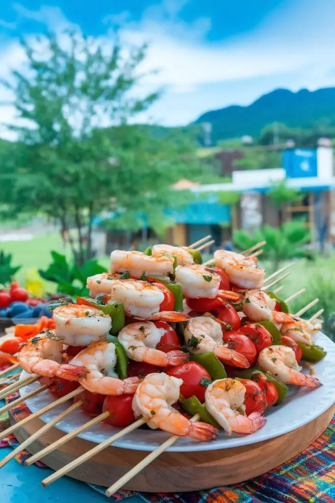 Vibrant grilled shrimp kabobs with cherry tomatoes and bell peppers on wooden skewers, arranged on a white serving plate against a scenic outdoor backdrop. A colorful alternative to Easter ham recipes for spring entertaining.