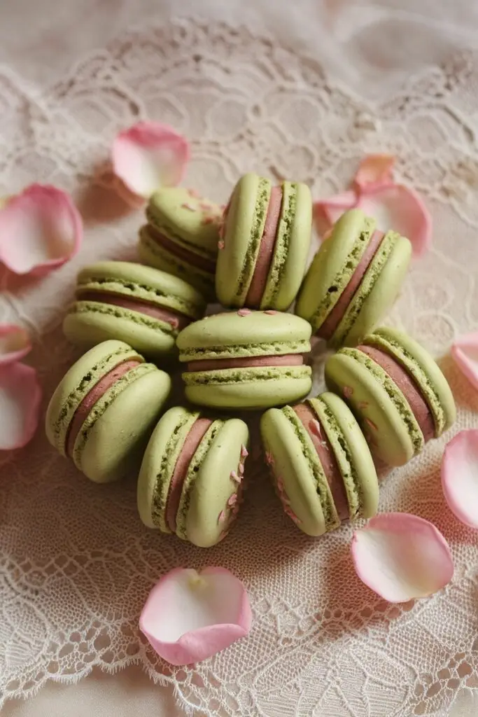 Green macarons filled with pink rose water cream, surrounded by delicate rose petals.