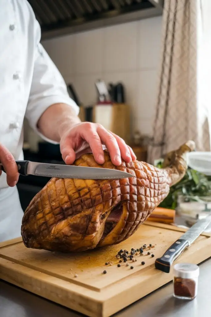 Chef's hands scoring a raw ham in diamond pattern on wooden cutting board with black peppercorns visible.