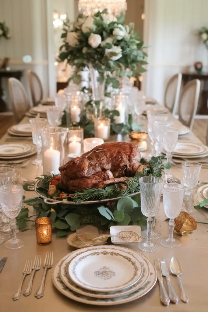 Whole roast lamb on elegant formal dining table with candles and floral centerpiece. Roast Lamb recipes for Easter holiday feast with sophisticated presentation.