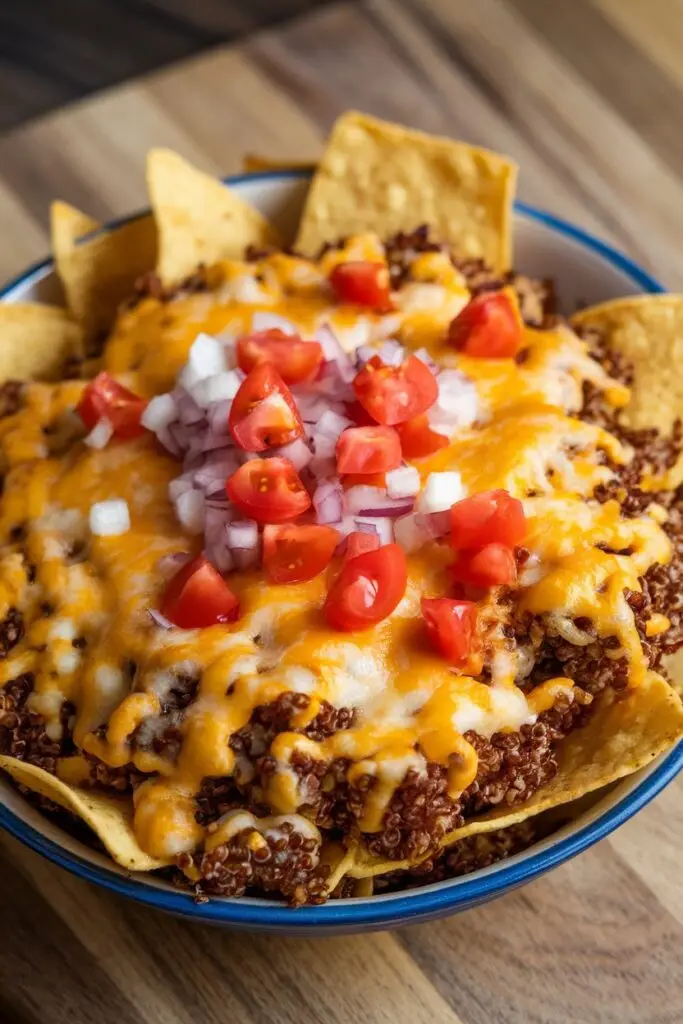 Hearty nachos topped with melted cheddar cheese, seasoned ground meat mixed with quinoa, diced tomatoes and red onions served in a blue-rimmed bowl, offering a protein-packed nacho variation.