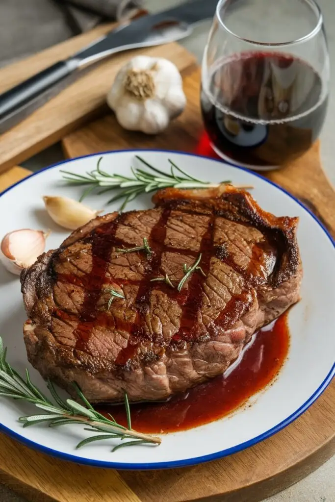 Medium-rare Cowboy steak with cross-hatch grill marks on a white plate with blue rim, garnished with fresh rosemary sprigs and sitting in a shallow pool of red wine reduction sauce, accompanied by garlic cloves and a glass of red wine on a wooden board.